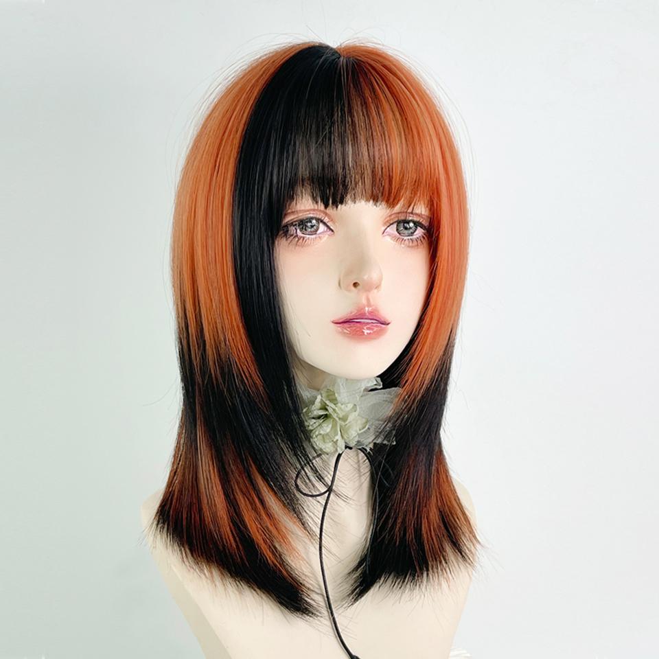 Synthetic Short Straight Hair Black Dirty Orange Bangs Highlight Dyed Wigs Lolita Cosplay Hair Wig For Women Y2K Daily Color Pun
