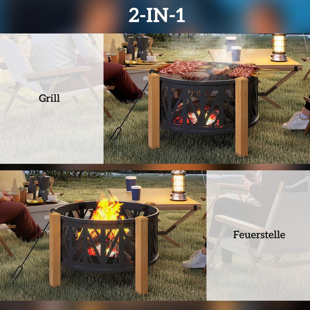 2-in-1 Fire Bowl Diameter 75 X 58 Cm Fire Pit with Spark Guard Poker Grill Grate Black