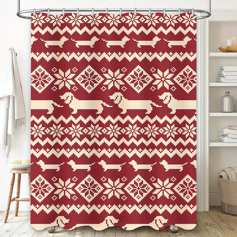 Red and White Christmas Pattern Dachshund Shower Curtain Set Festive Bath Decor with Snowflakes for Home Decoration in Bathrooms