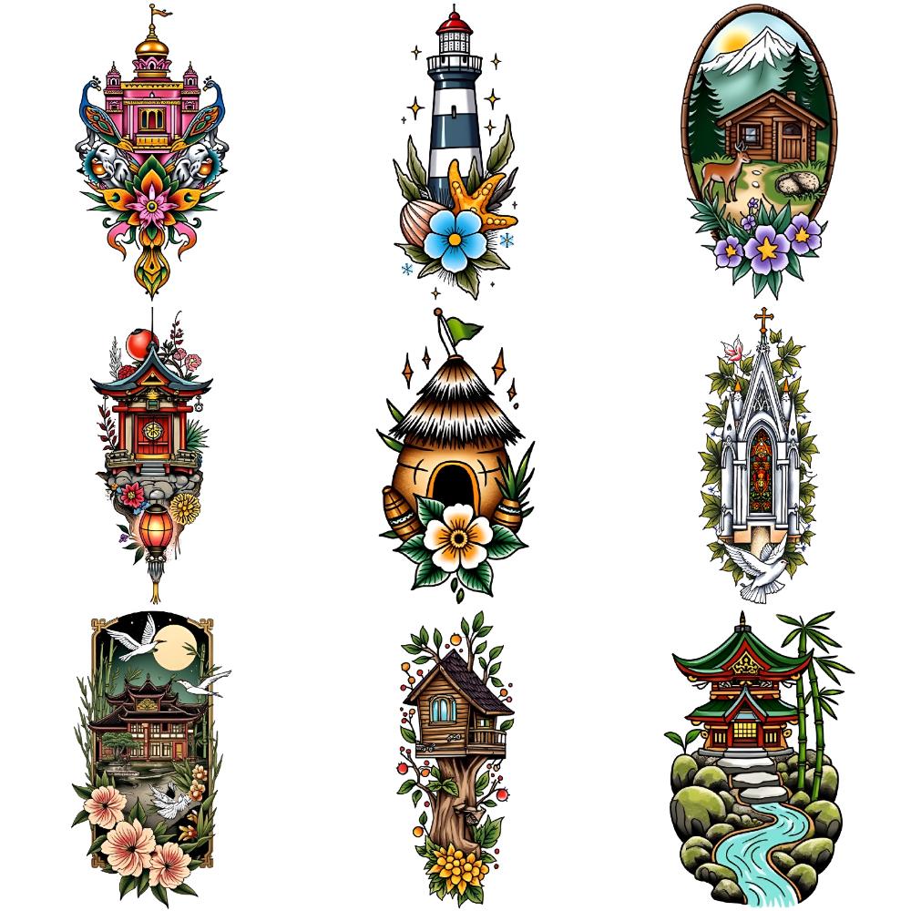 9pcs Temporary Tattoo New School Traditional House With Grapes Shield With Swords Peacock For Chest Women Arms
