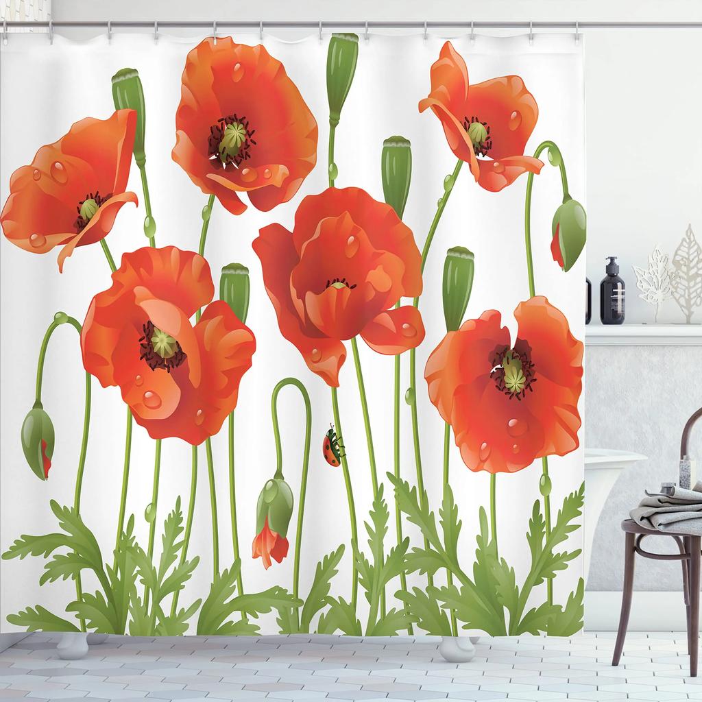 Red Poppy Flower Shower Curtain with Hooks, Washable Fabric, Bathroom Curtains, Floral
