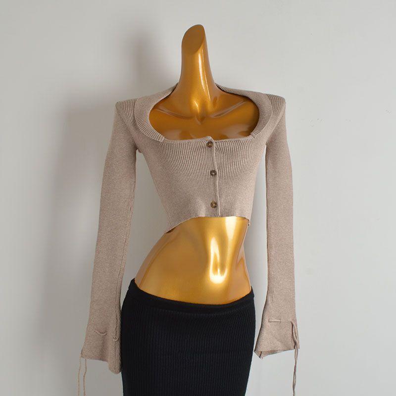 Sexy Sexy U Lapel Single Breasted Knitting Cardigan Women's Clothes Spring and Autumn Slim Fit Short Chic Long-Sleeved Versatile Top