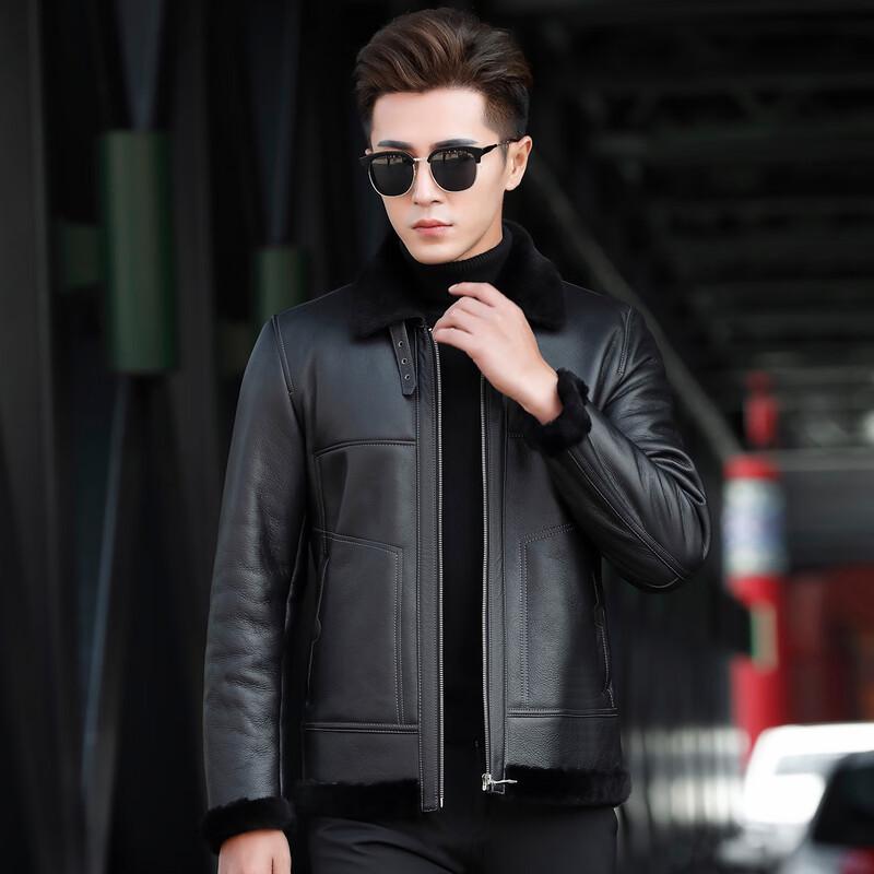 Men's Winter Shearling Leather Biker Jacket with Lapel