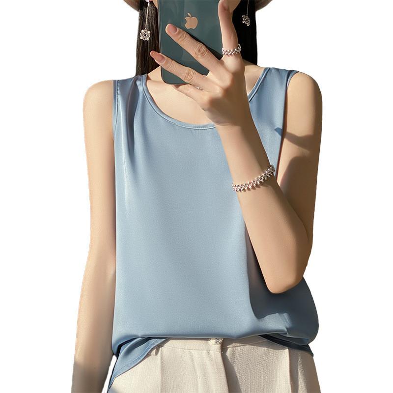 Silk Satin Summer Womens Sleeveless T Shirt With Round Neck For Office Wear