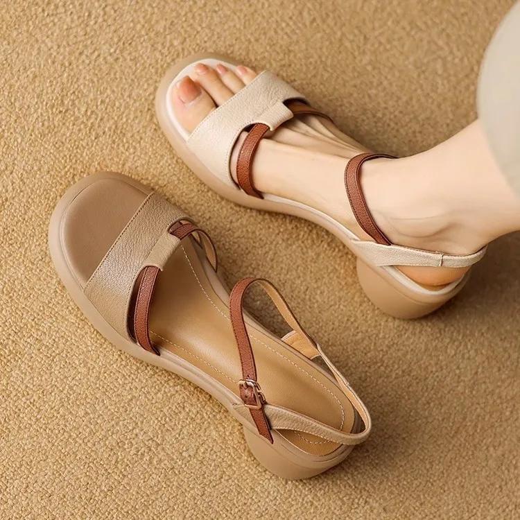Retro-Stil Dicker Absatz Echtes Leder Zweifarbig Offene Zehenpartie Sandalen Damen Sommer Lässig Strand Schuhe Leicht Anzuziehen Römischer Stil
