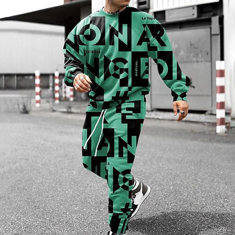Men's 3D Abstract Geometric Print T-shirt 2-Piece Outdoor Long Sleeve Sports T Shirt Pants Set Streetwear Men's Clothing Outfits