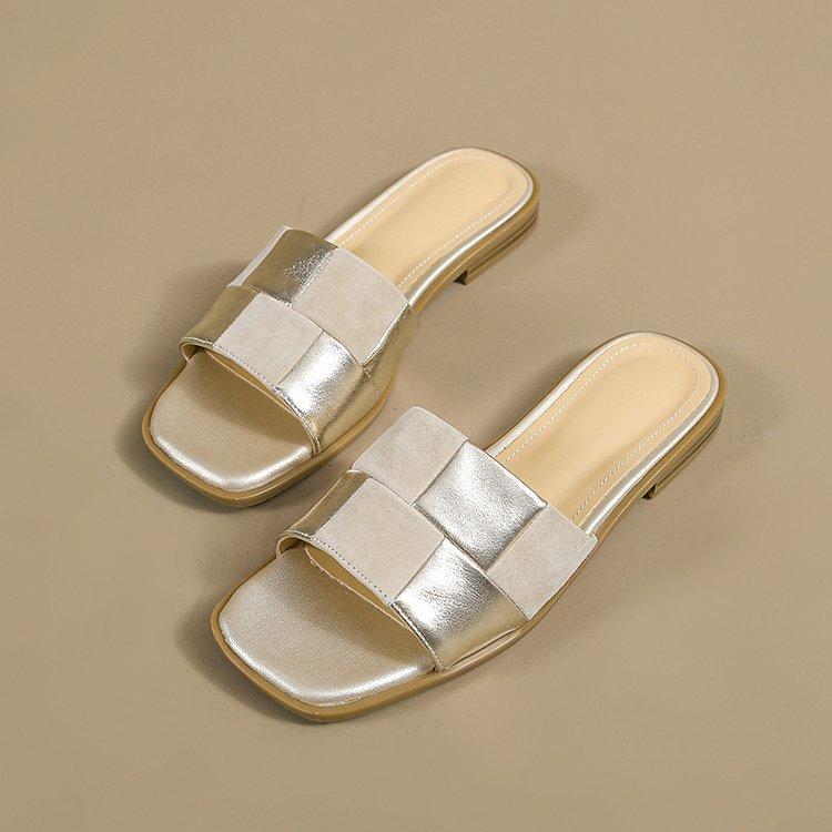 

French color matching flat-bottomed one-word slippers for women s wear 2025 new summer soft-bottomed comfortable open-toed cool slippers 40 абрикосовый