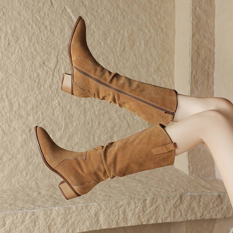 Krazing Pot Cow Suede Winter Round Toe Thick Med Heels Modern Boots Women Zipper Pleated Decoration Thigh High Boots