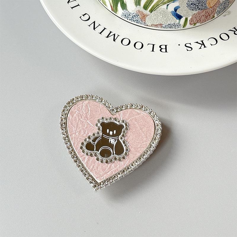 Heart-Shaped Luxury Bear Mirror Leather Phone Holder & Magnetic Ring