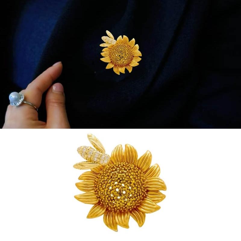 Rhinestones Honeybee Pollinating Flower Brooch Alloy Fashion Jewelry Wedding Party Clothing Accessories for Women