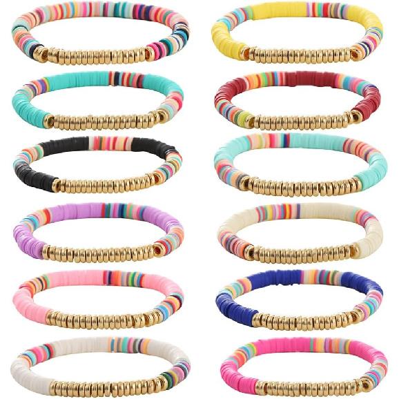 12pcs Friendship Bracelets Beaded Bracelets Heishi Bracelet Cute Bracelets Stack Vinyl Clay Disc Bead Surfer Stretch Summer Beach Bracelets For Women