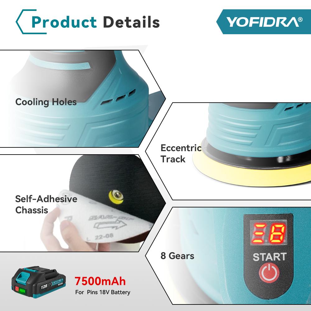 Yofidra 150mm Electric Car Polisher 8 Gears Cordless Efficient Cleaning Waxing Sanding Polisher Beauty Tool For Makita18V-21V Battery