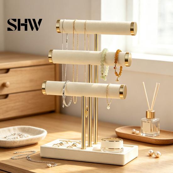 T-shaped Jewelry Holder 3 Tier Velvet Organizer, for Bracelet, Countertop Necklaces Rings, & Earrings, Stand with Storage Tray Tiered Organizer