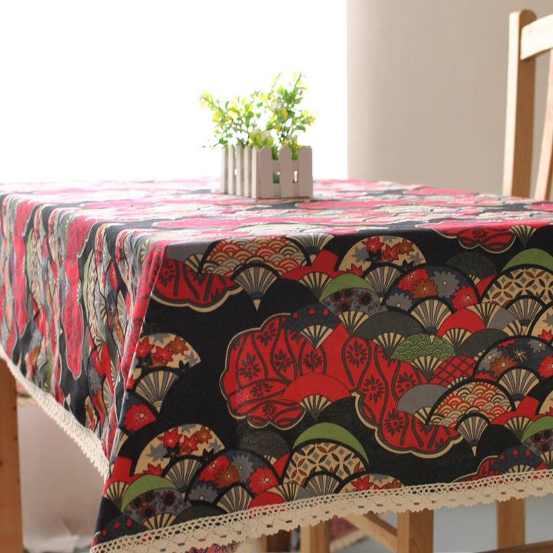 Japanese-Style Fan-Printed Tablecloth, Red Coffee Table Dining Table Cover With Off-White Trim, Holiday Decoration Cover