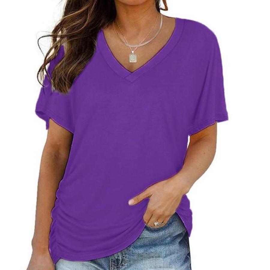 Topuri de vară cu decolteu în V Top lejer Culoare uni Tricou casual cu mânecă scurtă Îmbrăcăminte pentru femei