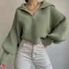 Women Knitting Tops Lapel V-Neck Long Sleeve Solid Color Sweater Loose Fit Warm Knitting Tops Knitwear