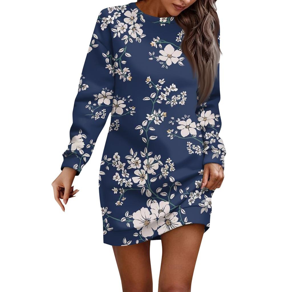 Women's Round Neck Retro Floral Long Sleeved Buttocks Wrapped Bathroom Dress
