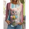 Christmas Cute Cat Women's Long Sleeve T-shirt Round Neck Autumn Animal Clothing Festival Fashion Party T-shirt Top