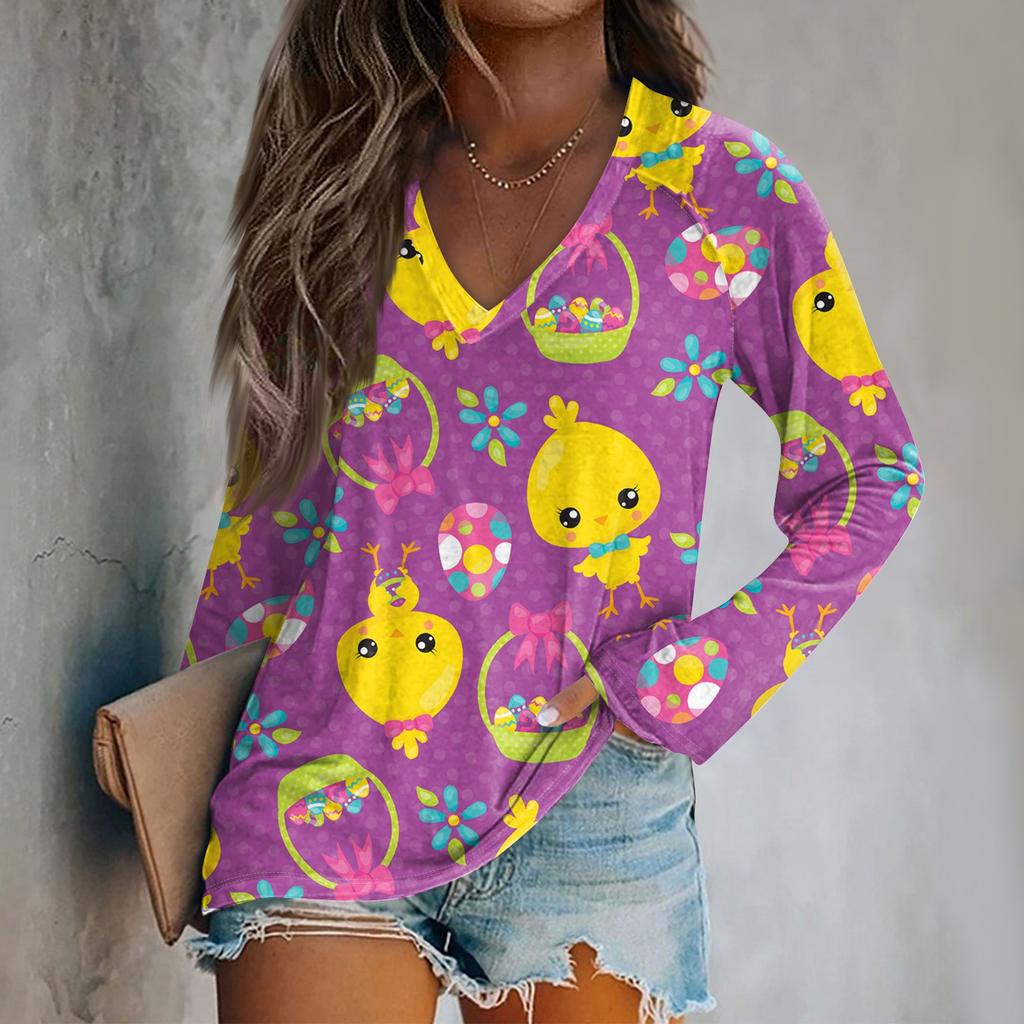 Women's Long Sleeve Plunger Sleeve Easter Print Casual Top T-Shirt