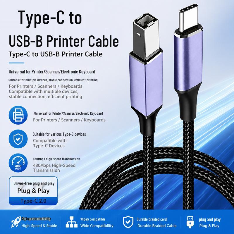 USB-C to USB 2.0 Type-B Braided Printer Cable for Laptop Printing