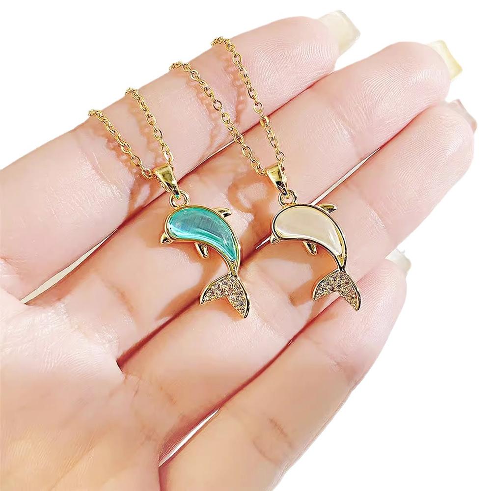 Elegant Dolphin Necklace for Women with Cat Eye Stone Marine Life Pendant Stainless Steel Temperament Jewelry Gift
