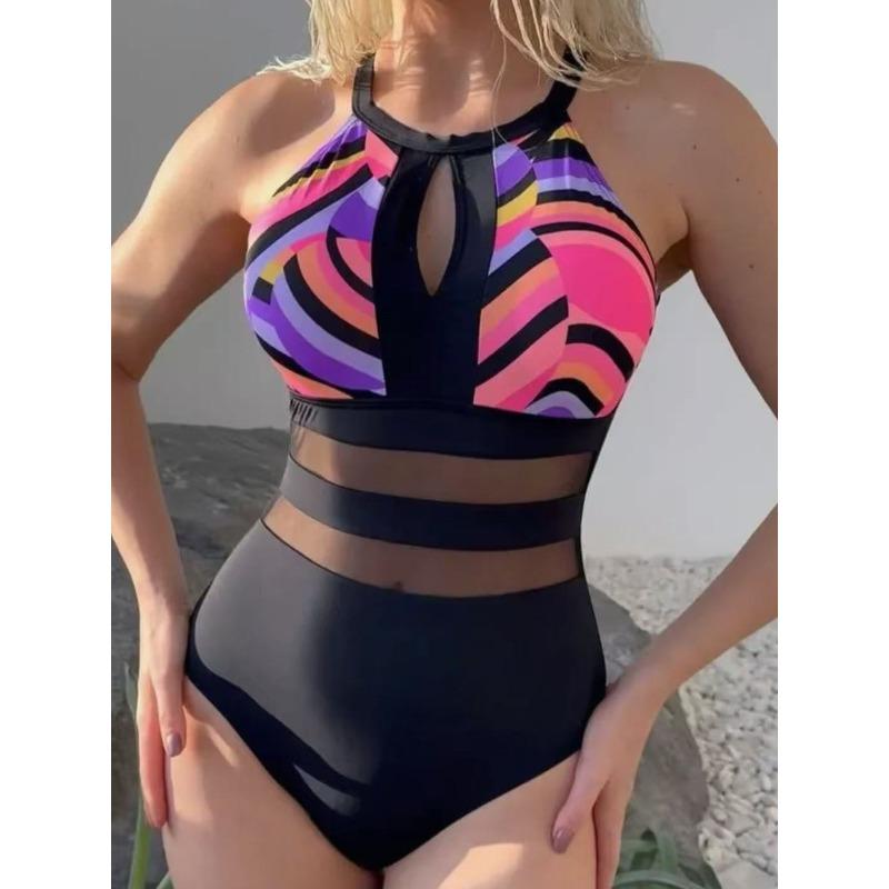 Nylon fabric new striped printing sexy backless mesh splicing one-piece women's swimsuit