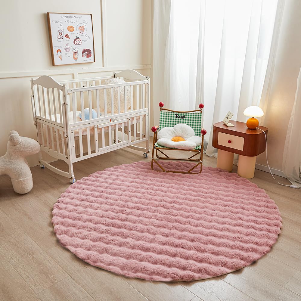 

Round Rabbit Plush Rug for Bedroom Living Room Sofa Faux Fur Carpet Shaggy Circle Rug for Kids Girls Furry Carpet Gray White Diam 60cm(23.6inch) темно-розовый