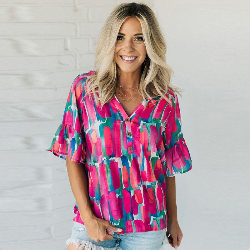 

Fashion Abstract Stroke Print Short-Sleeved Chiffon Shirt Tops Women s 2024 Summer Thin Casual Three-Quarter Sleeve T-shirt Women Color P620 S code fits (45.00 kg-55.00 kg