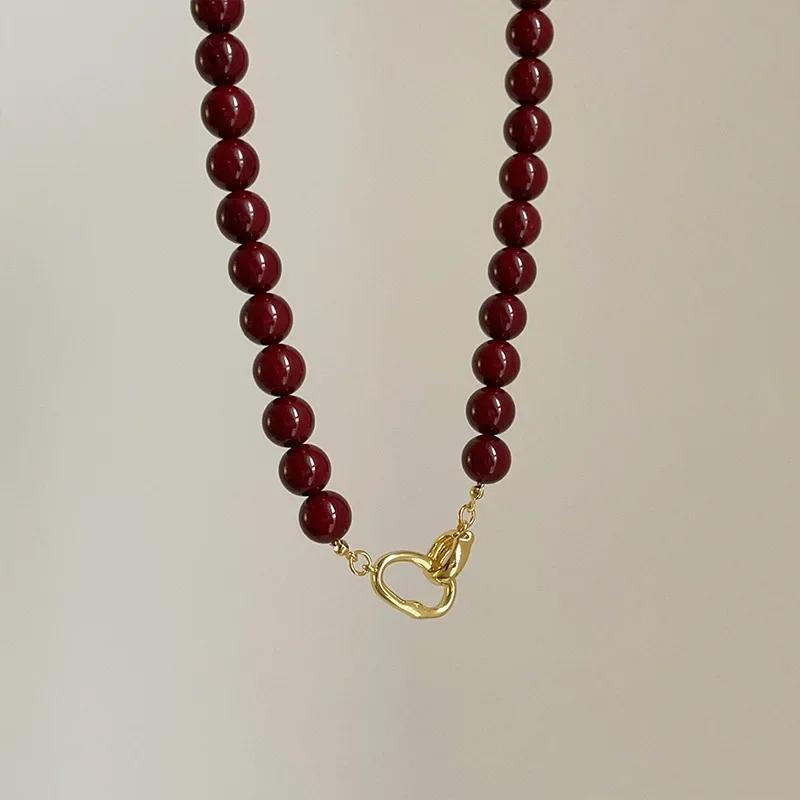 Fransk Mørkerød Agat Naturstein Strand Perlekjede for Kvinner Gullbelagt Kjede Dobbelt Knepplås Sirkel Chokers