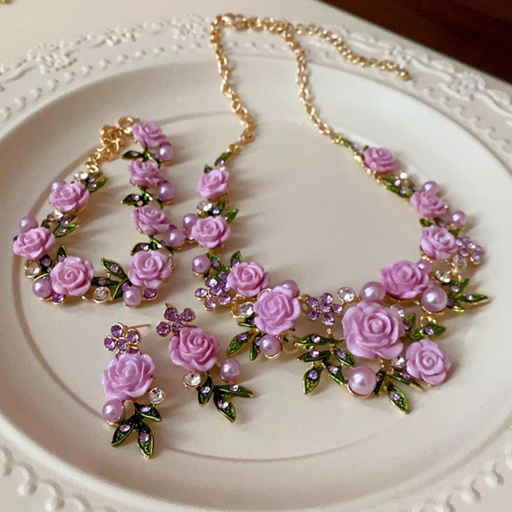Pearl Rose Flower Necklace Rhinestone Women Jewelry Temperament Stud Earrings  Vacation