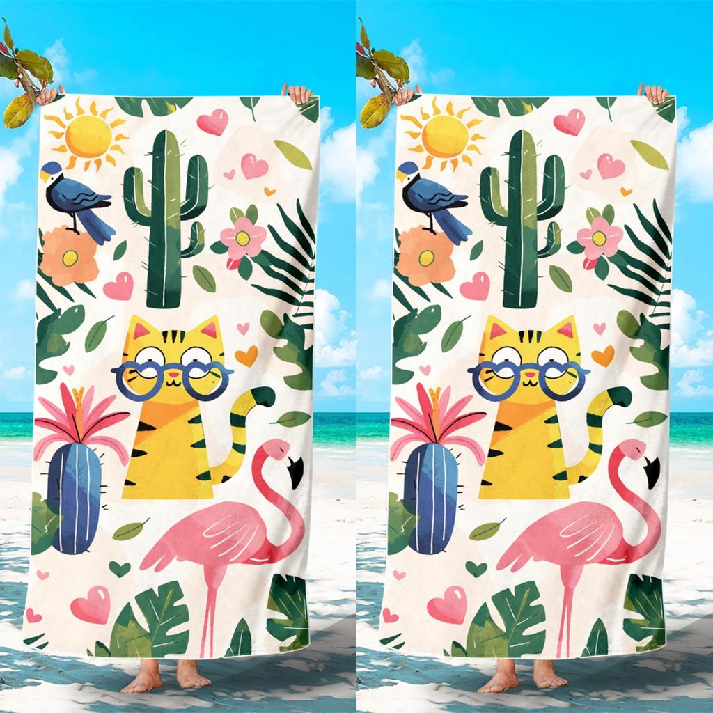 1/2 Stück Brillen Gelbe Katze & Rosa Flamingo Strandtuch, Tropisches Kaktus Palmenblatt Herz Muster Schnell Trocknend Sandbeständiges Handtuch