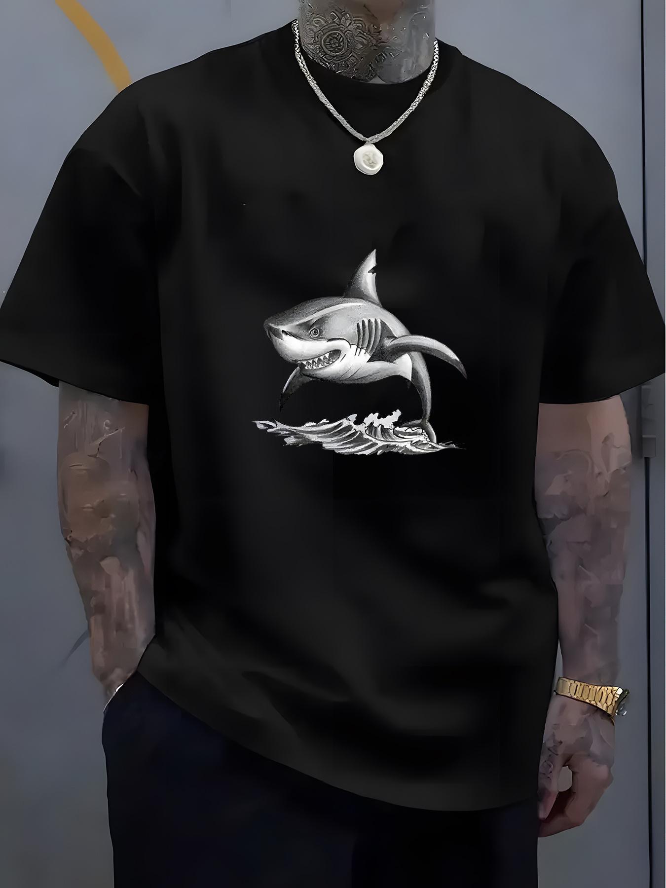 Casual Crew Neck T-shirt with Shark Print - Soft Polyester XXL
