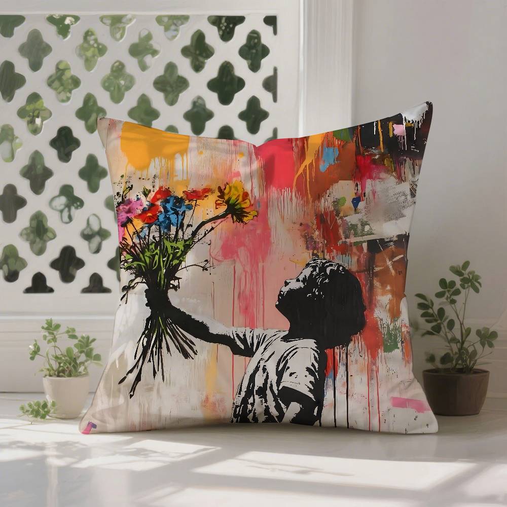 B-Banksy Street G-Graffiti Art Pillow Case  Anti-dustmite Pillowcase Invisible zipper silky Sofa cushion cover 12x12Inch