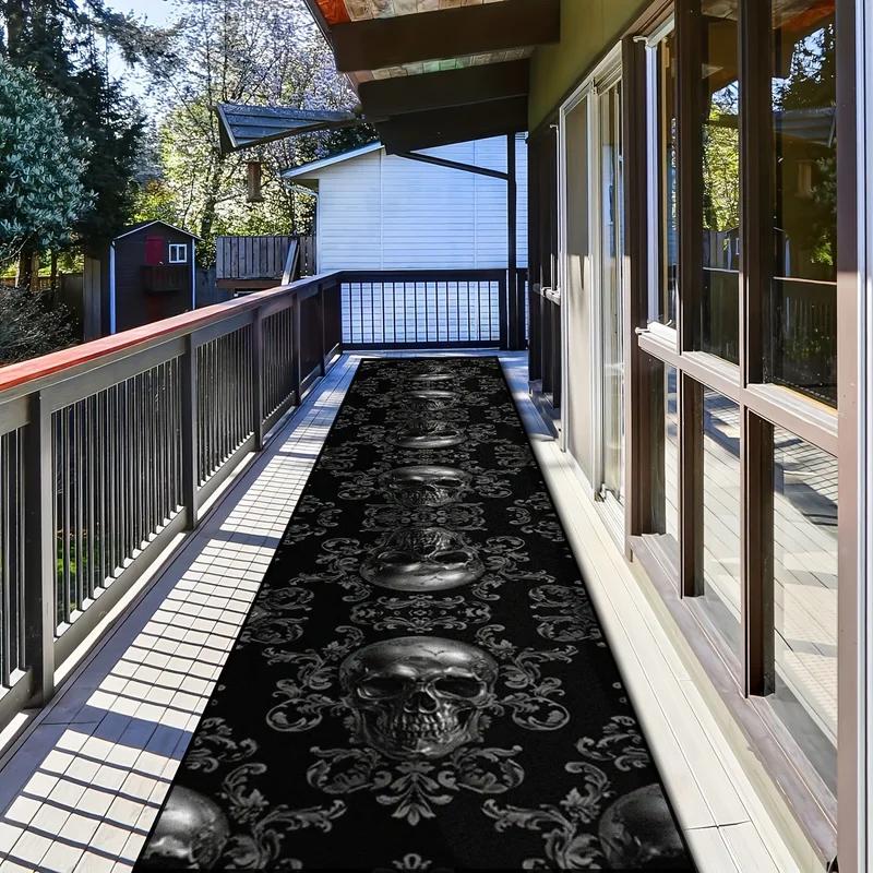 Gothic Skull Runner Rug, Black Floral Pattern Non-Slip Floor Mat for Outdoor Patio, Hallway Gothic Decor