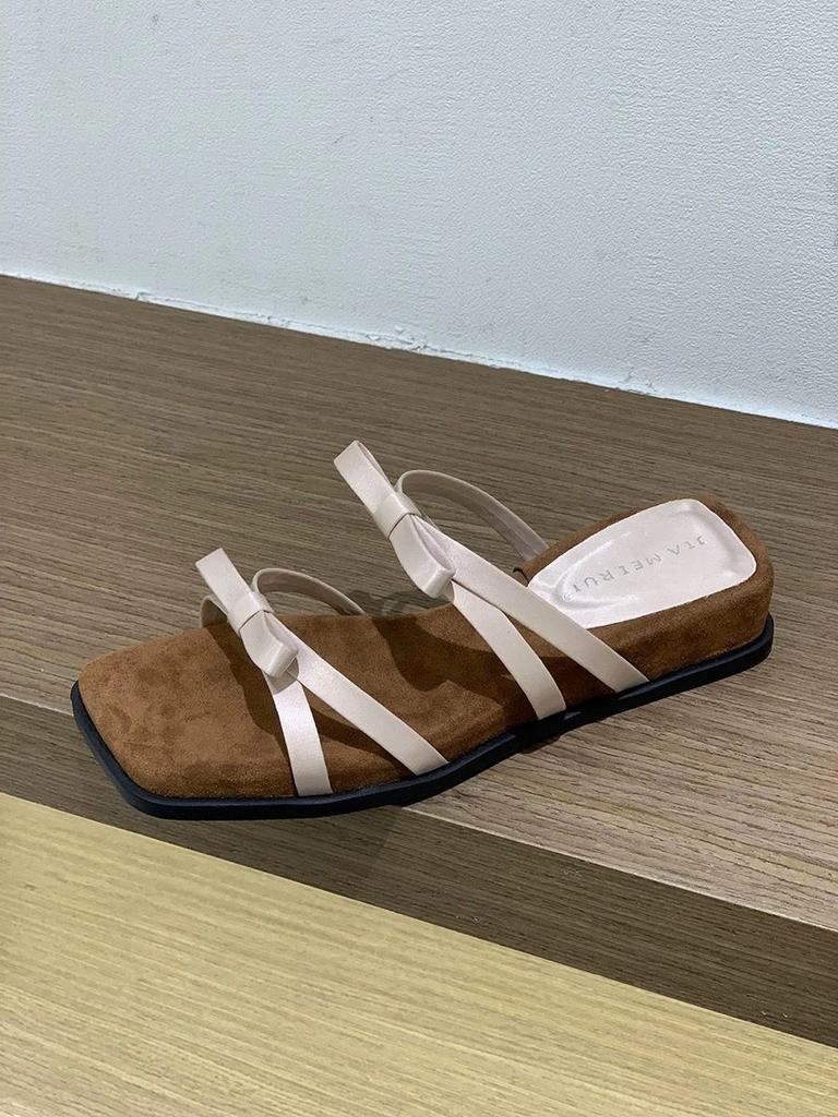 Purple temperament wedge heel French thin strap cool slippers fairy 2025 new summer bow Roman cool slippers