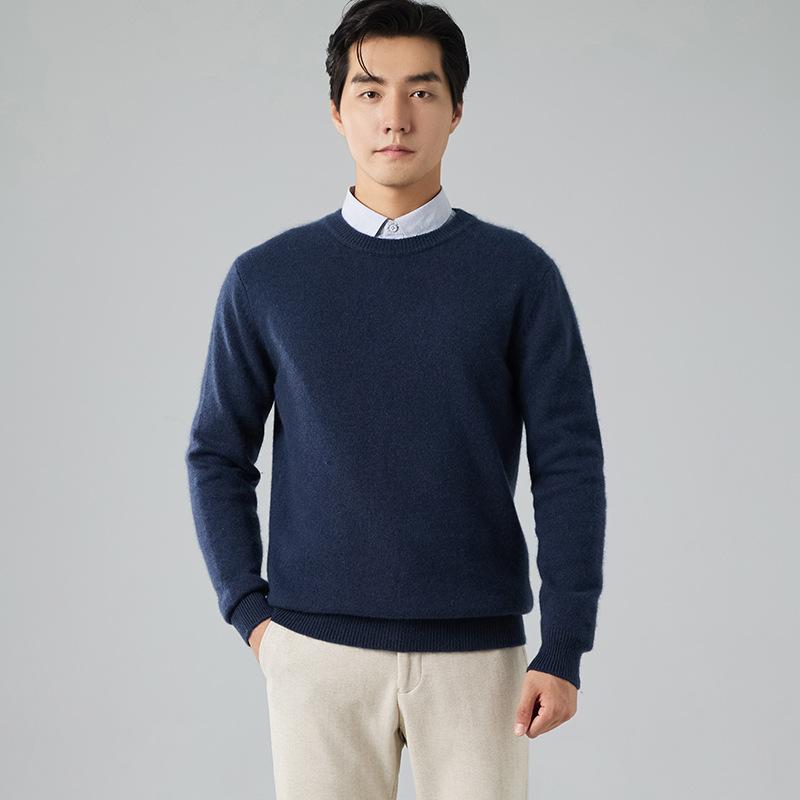 Crew neck cashmere shirt men's loose solid color sweater pullover with bottom knitted wool sweater