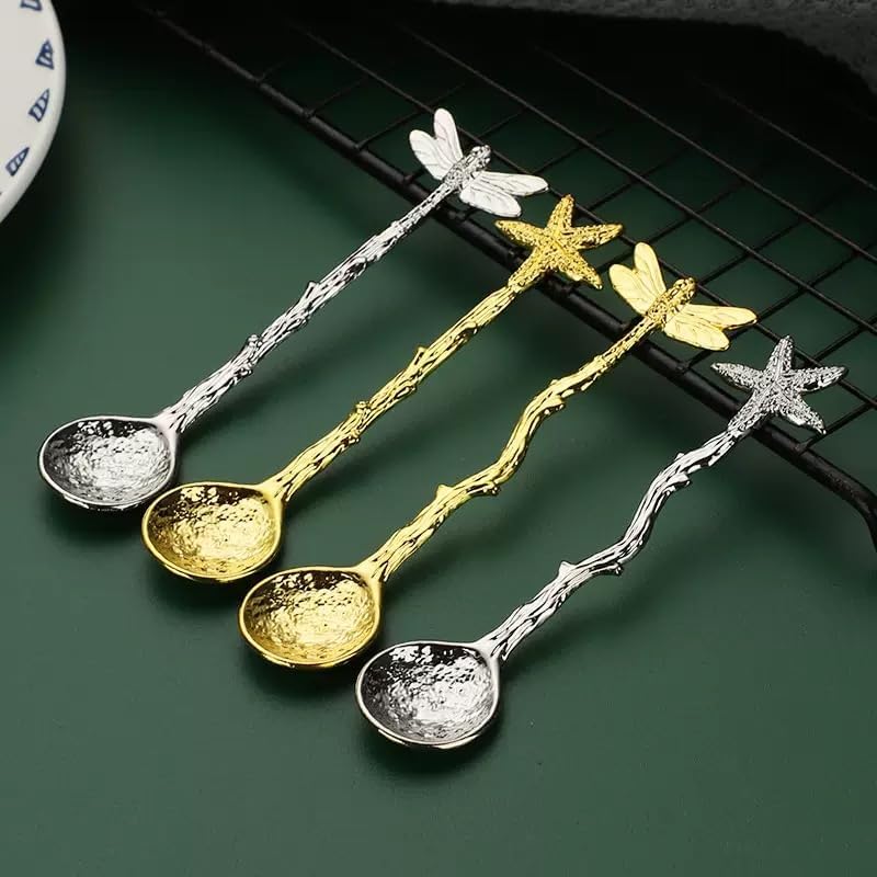 2pc gold and silver Dragonfly Spoon Teaspoon Stainless Steel Tableware Creative Sugar,Tea Spoons Stir Bar,Coffee Long Handle