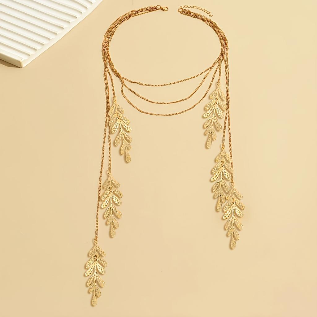 1 Fashionable Sexy Personality Multi-Layer Chain Long Leaf Tassel Necklace, Women's Party Banquet Jewelry