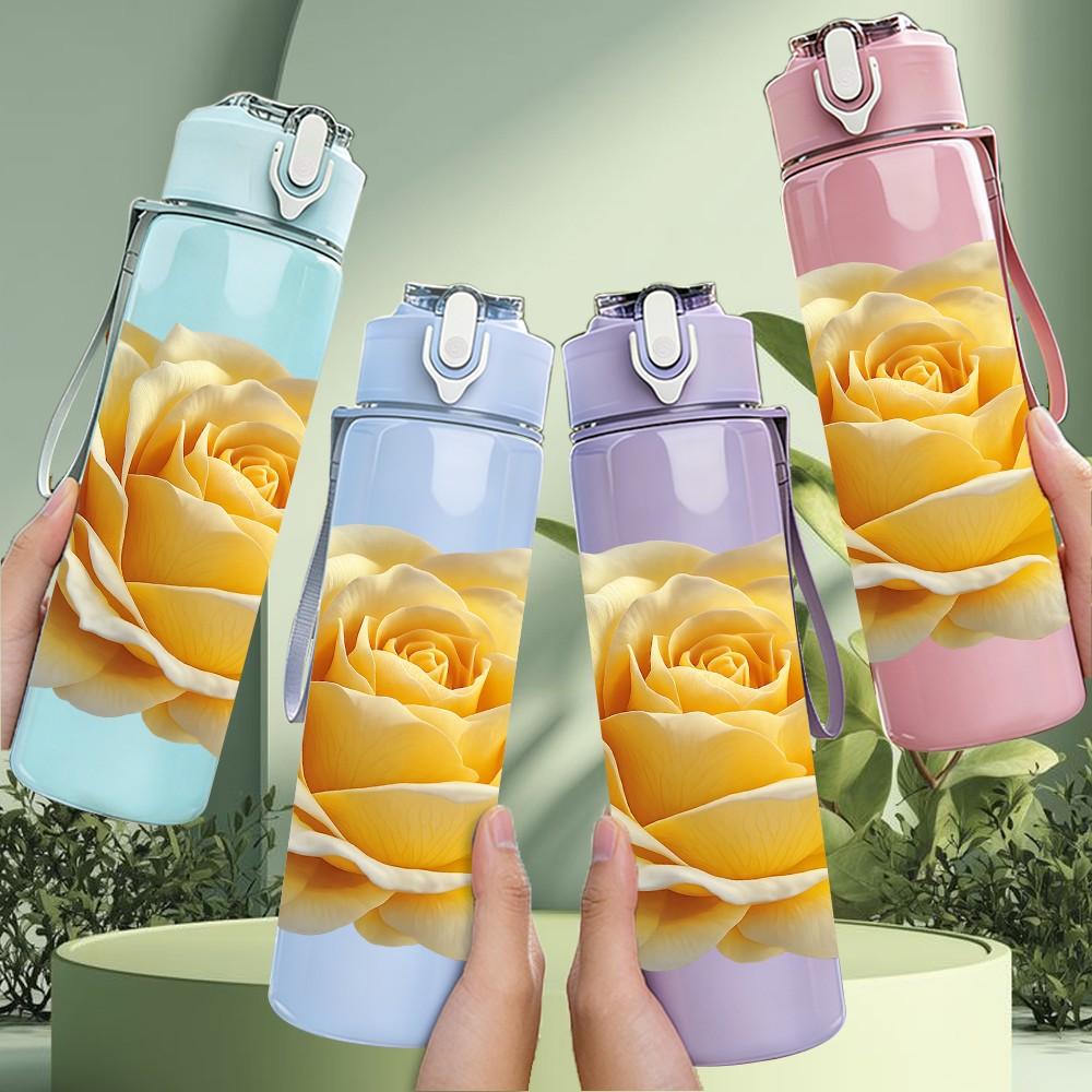 1PC Yellow Rose Flower Bloom Art Print 750ml Color Plastic Sports Water Bottle Leakproof Flip Straw Lid Suitable for Sports Office Home Use