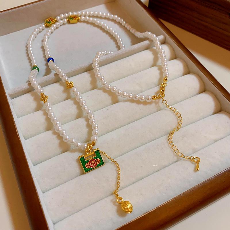 Chinesische Geometrische Stein- & Perlenkette: Retro High-End Schlüsselbeinkette, Vielseitiger Schmuck im antiken Stil