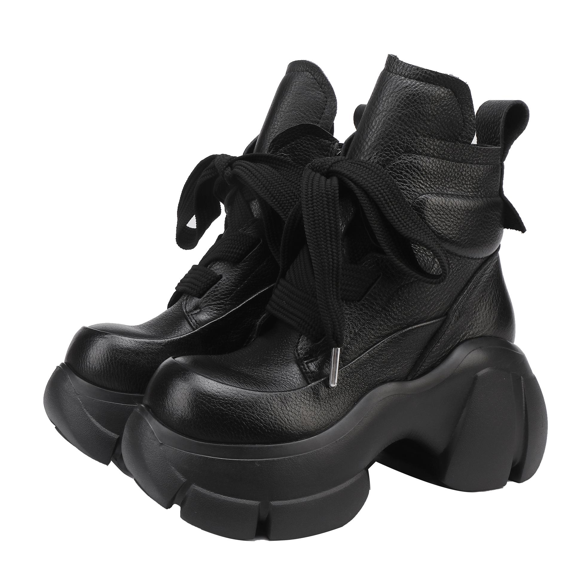 

Женские ботильоны на шнуровке из коровьей кожи: Осень/Зима 2025, Толстая подошва, Небольшая прибавка к росту, Повседневный модный стиль Мартин 36 чёрный