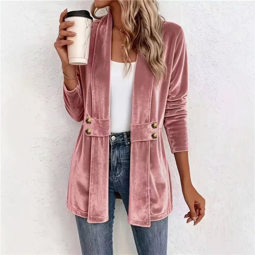 New Women's Double Breasted Decor Velvet Cardigan, Lazy Style Versatile Mid-length Top