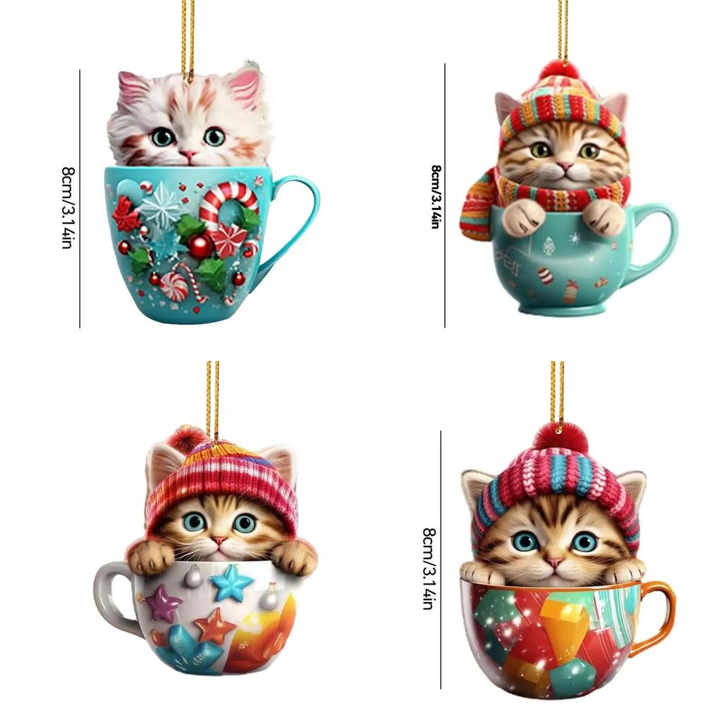 Tea Cute Cartoon Cup Cat Pattern Acrylic Pendant For Christmas Tree Decoration