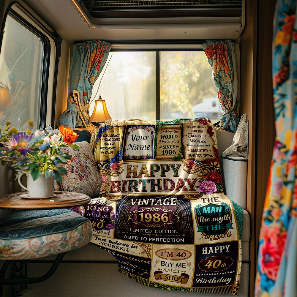 Vintage 40Th Birthday Celebration Blanket Personalized Name Soft Comfortable Stylish Blanket Car Blanket Perfect For Travel Camping Outdoor Home