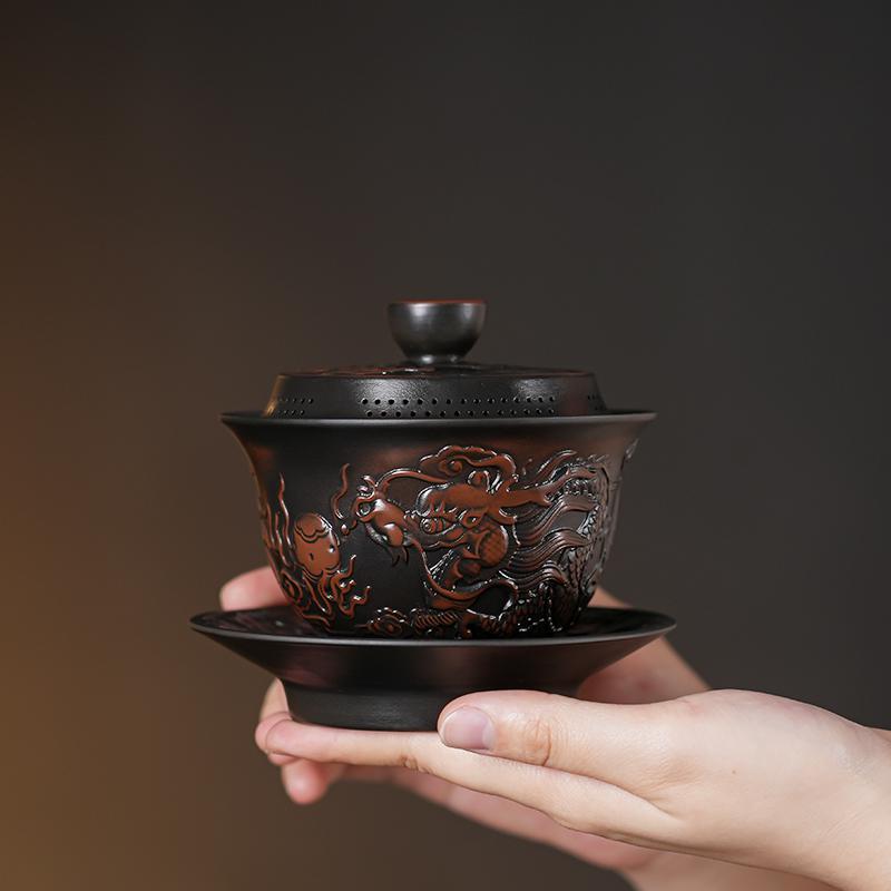 180ml Jianshui Clay Purple Pottery Vintage Gaiwan Ceramic Process Carving Tea Tureen Pigmented Kung Fu Drinkware Tea Bowl