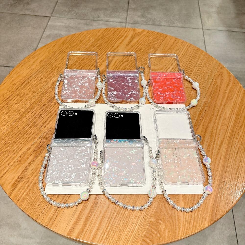 Luxury Shell Pattern Beads Bracelet Case for Samsung Galaxy Z Flip 7 6 5 flip 3 4 zflip7 Hand Wrist Chain Acrylic Hard Cover