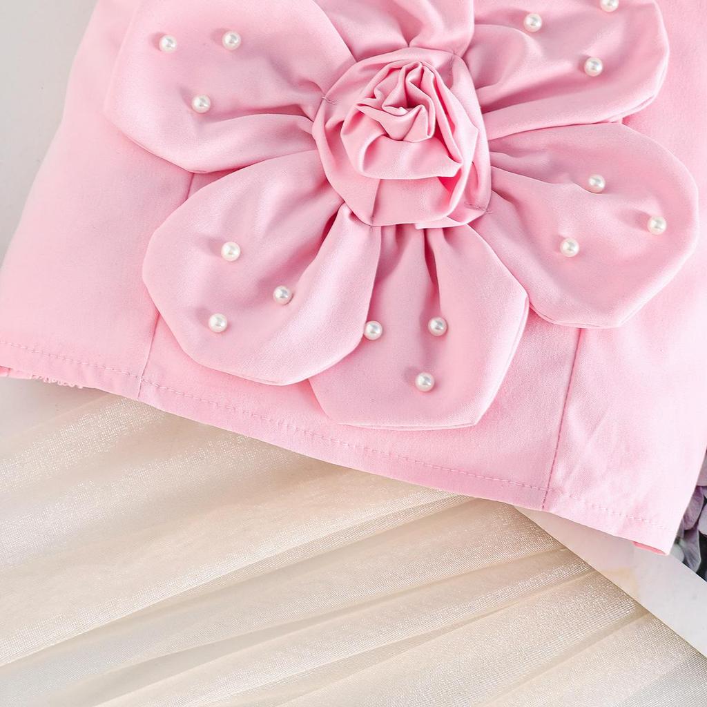 2PCS Girls 3D Flower Beaded Cami Top & Button Skirt Set, Casual Summer Two-Piece Outfit