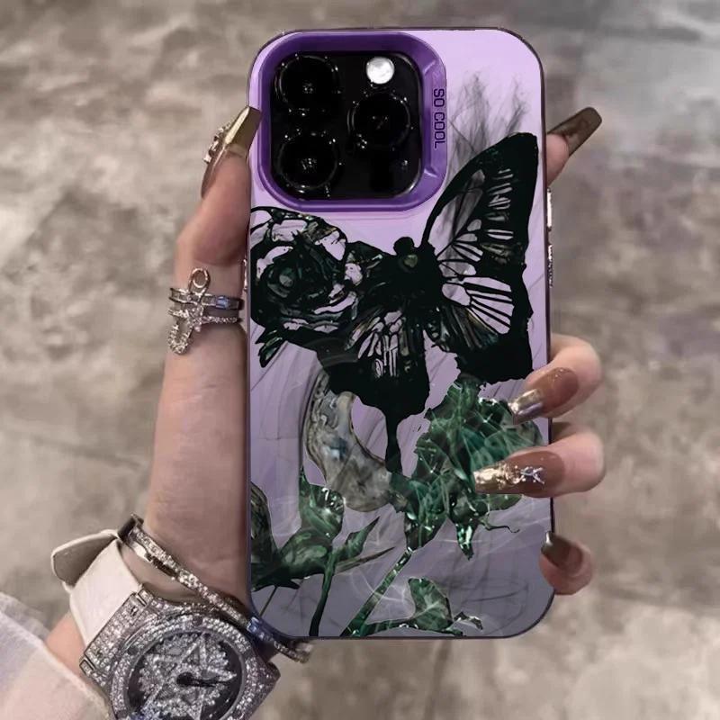 INS Retro Rose Butterfly Phone Case For iPhone 16 15 14 13 12 11 Pro Max XR XS MAX SE 2 3 7 8 PLUS Laser Silver Shockproof Cover