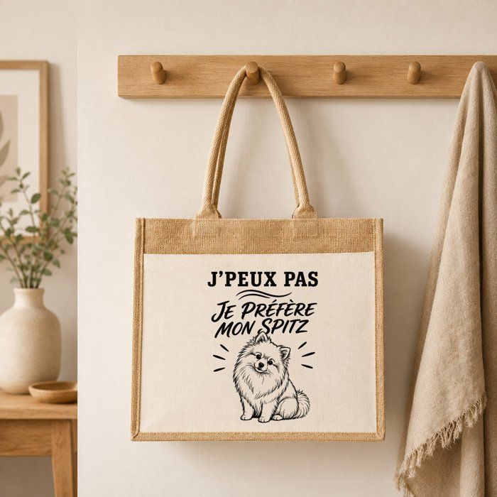Sac Cabas Jute avec Poche J’peux pas je préfère mon Spitz J'peux pas minimaliste | Toile de Jute et Coton 21 L Fond Plat Anses 65