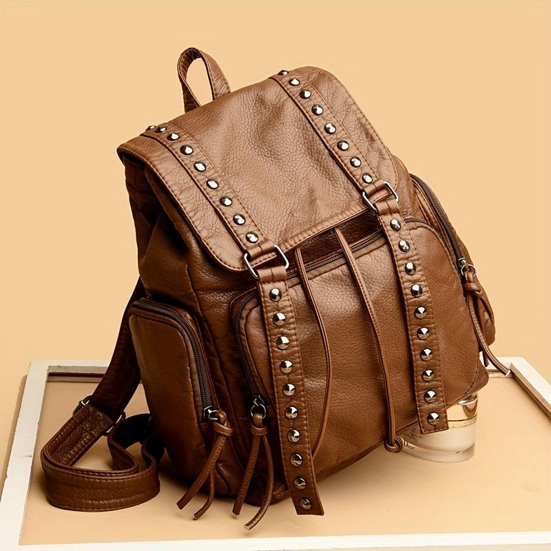 Fashion Rivet Flap Backpack, Punk Style Drawstring Daypack, Vintage PU Leather Travel Schoolbag